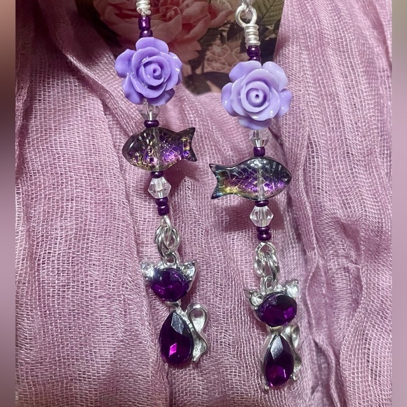 Hand Crafted Jewelry - Purple Gem Cats Hand Crafted Earrings